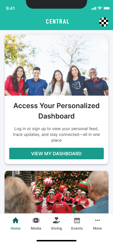 Church App anonymous feed with login invitation card